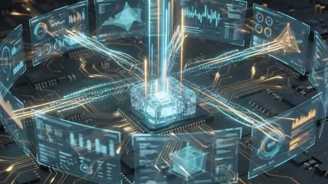 Futuristic computer processor chip with glowing light beams on a dark circuit board background