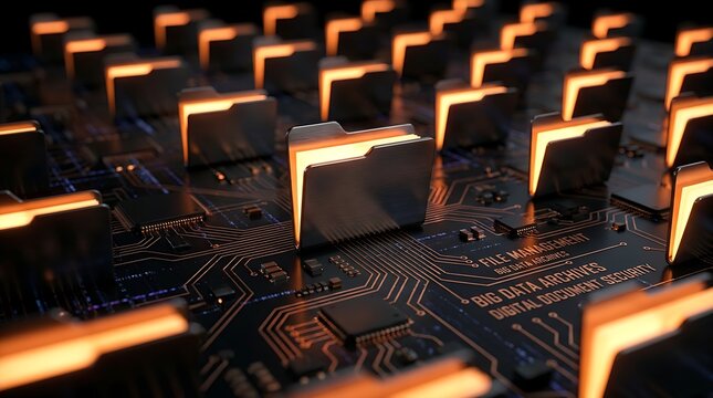 Rows of digital folders in a futuristic network, representing big data archives and secure document management on a circuit board.