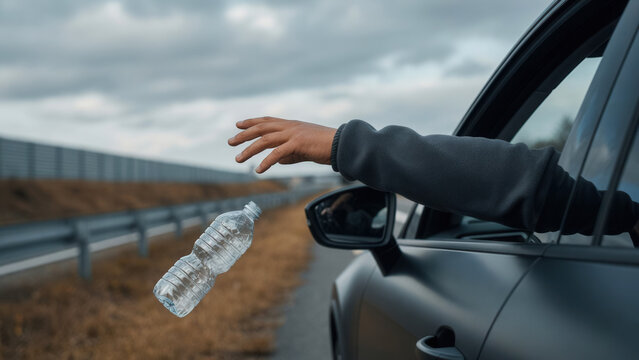 Hand dropping plastic water bottle from car window on road, environmental pollution and littering in ecology awareness