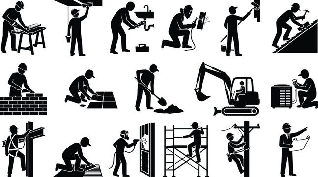 Minimalist solid black construction worker and industrial trade professional silhouette vector icon set