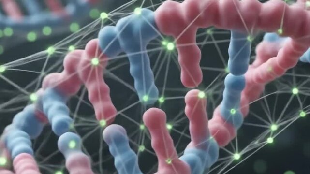 3d render of a dna double helix structure with digital network connections