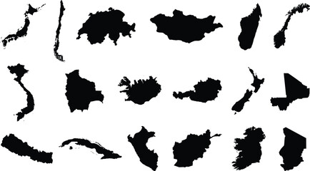 Minimalist solid black vector icon set featuring various global country map silhouettes for geography design © GeetaRani