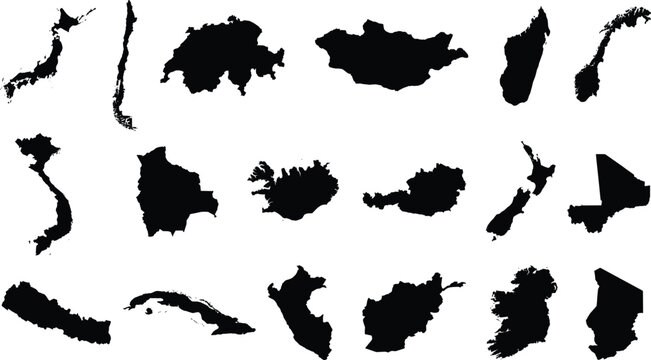 Minimalist solid black vector icon set featuring various global country map silhouettes for geography design