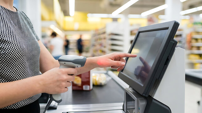 Staff using barcode scanner at cash register terminal in modern supermarket retail store