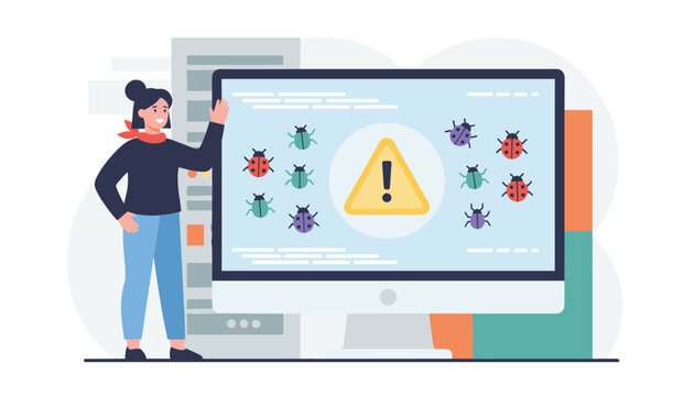 QA engineer analyzing software bugs and critical warning alert on computer screen in digital server room.