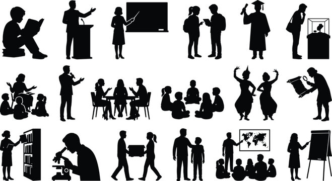Solid black education and learning silhouette vector set featuring students teachers and school presentation scenes