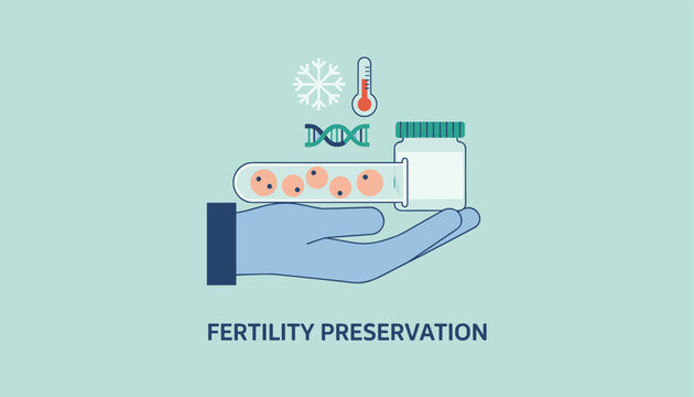 Gloved hand holding a test tube with egg cells representing medical fertility preservation and cryopreservation.