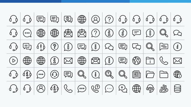 Customer Service Icon Set with minimalist black line icons on a white grid background ideal for website UI design, help center interfaces, and business communication presentations.