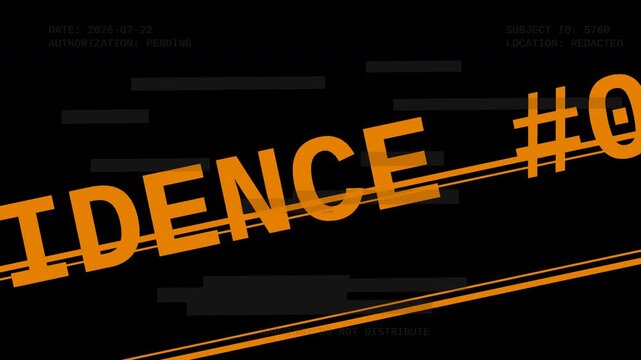 Glitchy redacted document digital animation with orange evidence stamp overlay and flickering text elements.