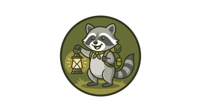 Raccoon holding a lantern outdoors smiling.