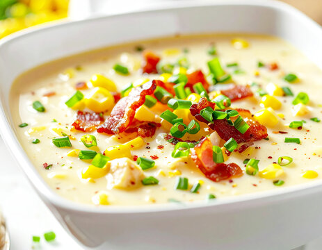 Chicken corn chowder with bacon and green onions, white bowl, macro shot. AI
