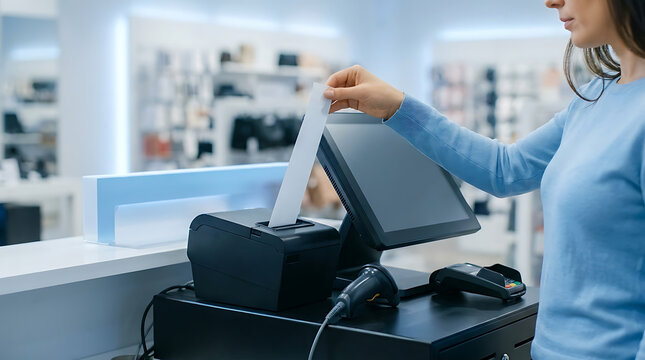 Female cashier holding printed paper receipt from POS terminal printer at retail store counter