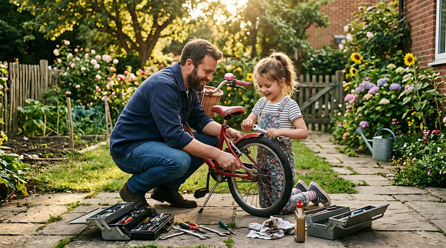 Father teaching daughter to ride a bike. Man assisting young girl with bicycle training in garden.