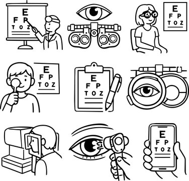 Eye examination and optometry equipment line art collection