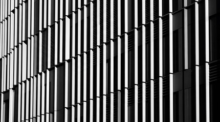 Obraz premium Abstract black and white architectural facade with strong vertical lines and geometric patterns creating a play of light and shadow on a modern building.