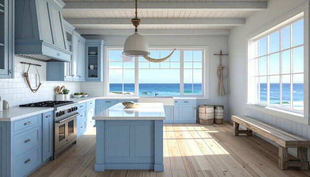 Light blue coastal kitchen with ocean view and island seating