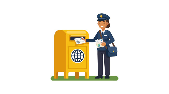 A female postal worker in uniform placing letters into a yellow mailbox.
