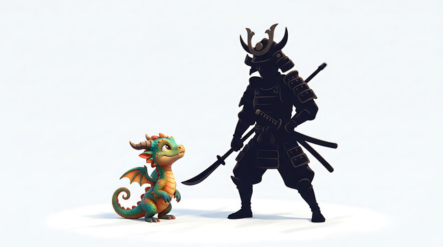 Silhouette of a samurai warrior meeting a small dragon