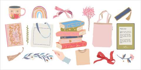 Bookstore elements. Literary works, books, e-book, tote bag, flowers, hand, bows. Cartoon-style vector set (stock vector). Flat-style book-themed clipart collection. Vector illustration © Anastasiia