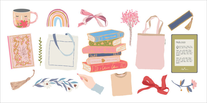 Bookstore elements. Literary works, books, e-book, tote bag, flowers, hand, bows. Cartoon-style vector set (stock vector). Flat-style book-themed clipart collection. Vector illustration