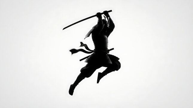 Powerful samurai silhouette jumping in attack position