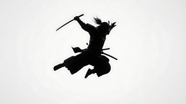 Fierce samurai silhouette performing a midair sword attack