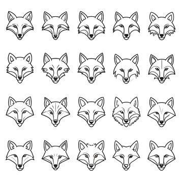 A detailed illustration of 16 different fox head portraits in black and white