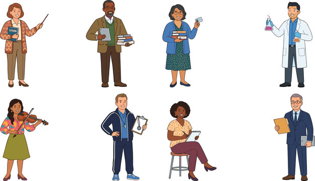 Vector illustration set of diverse school staff professors and educators in flat cartoon style