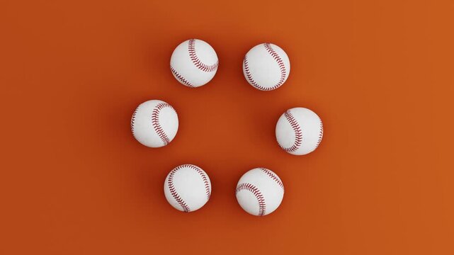 Six Baseball Balls Rolling in Circular Loop on Brown Background. Seamless 3D Render Animation.