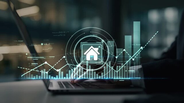 Business professional analyzing property value growth with digital real estate dashboard, rising financial charts, investment analytics and market performance indicators