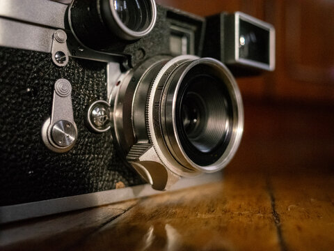 Vintage Rangefinder Camera with Lens Closeup