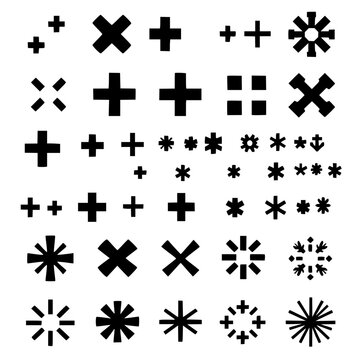 Star and asterisk symbols set with 36 unique black symbols in 6x6 grid on white background featuring star, asterisk, geometric patterns with line art and minimalist design