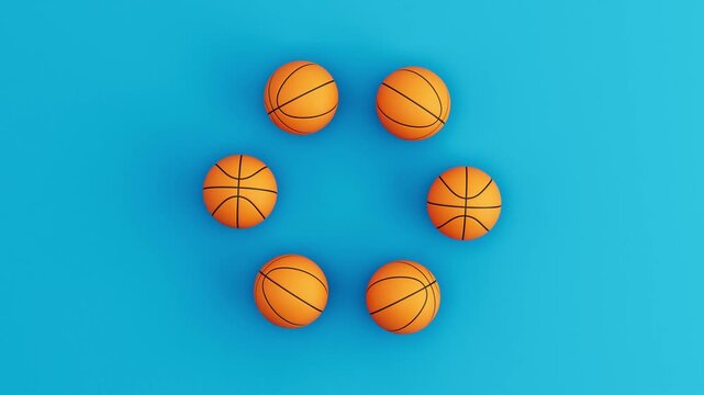 Six Basketball Balls Rolling in Circular Loop on Blue Background. Seamless 3D Render Animation.