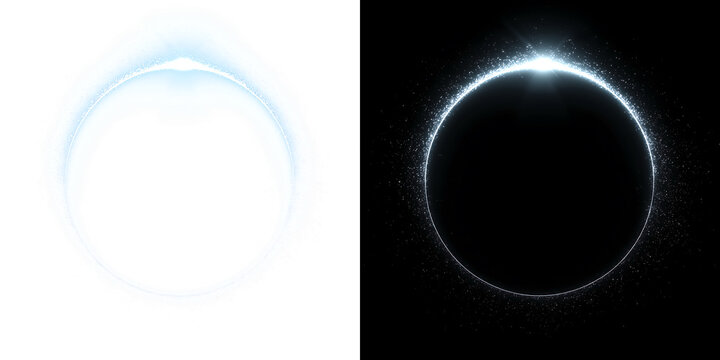 Bright blue magic circle ring of sparkling particles on dark background and isolated on transparent background PNG