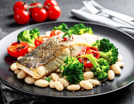 Fried white fish with broccoli, tomatoes, and beans. AI
