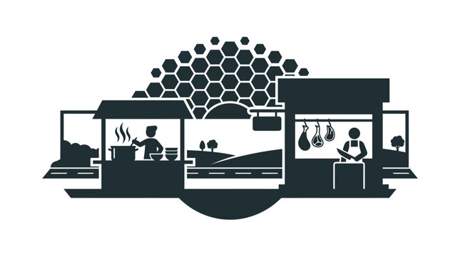 A stylized silhouette illustration featuring a street food vendor and a butcher shop stall.