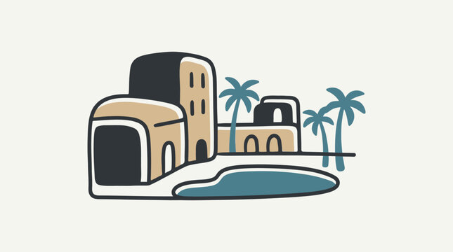 Hand-drawn illustration of a serene motel landscape with palm trees and buildings