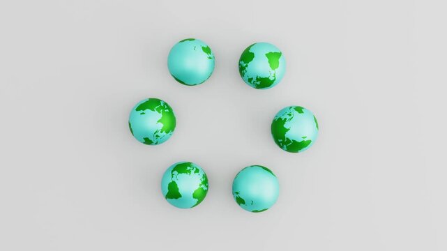 Six Earth Planets Rolling in Circular Loop on Gray Background. Seamless 3D Render Animation.