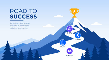 Fototapeta na wymiar Mountain success roadmap journey with business strategy achievement concept, modern vector banner for presentation and corporate growth. Flat illustration 