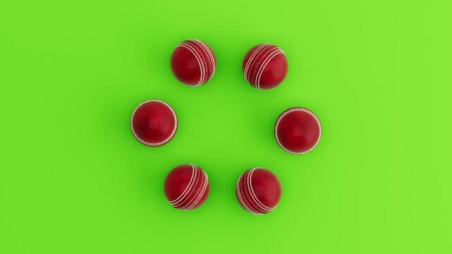 Six Cricket Balls Rolling in Circular Loop on Green Background. Seamless 3D Render Animation.