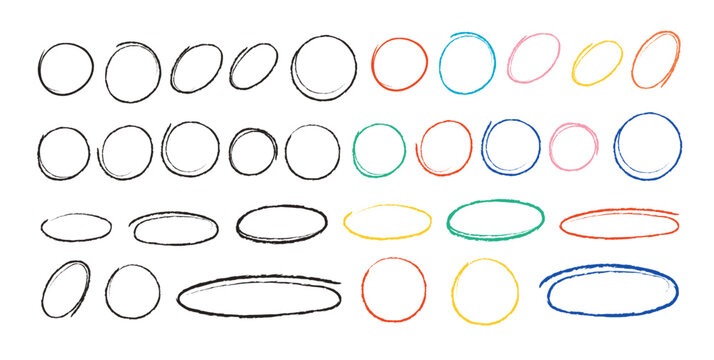 Hand drawn line brush oval set. Line brush pencil oval color doodle marker chalk pen. Vector
