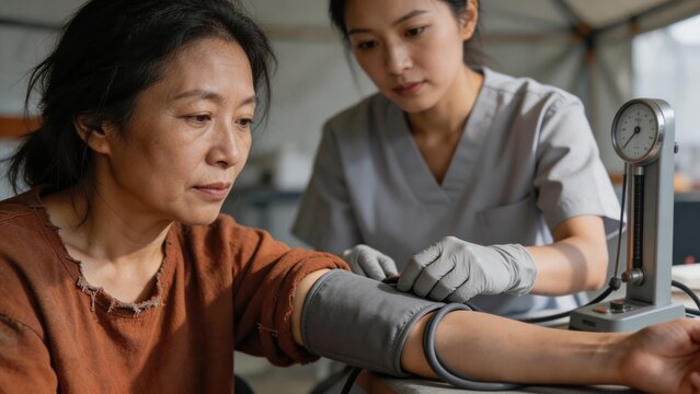 Volunteer nurse checking blood pressure of an older Asian woman. Medical checkup and healthcare assistance in a temporary clinic