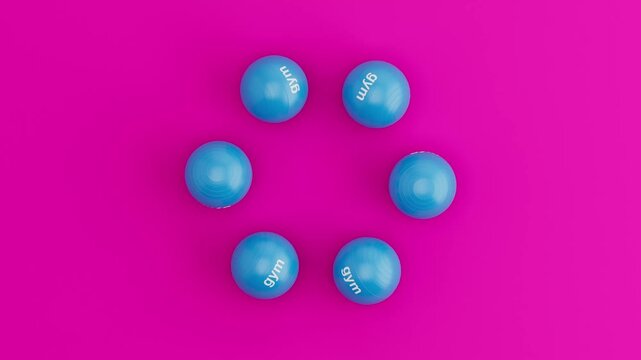 Six Fitness Balls Rolling in Circular Loop on Green Background. Seamless 3D Render Animation.