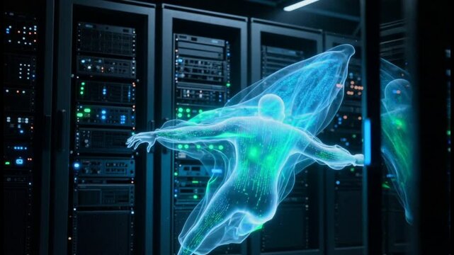 translucent digital ghost floating in futuristic server room