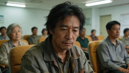 Fototapeta premium Worried middle-aged Asian man sitting in a medical clinic waiting room. Patient in worn clothes waiting for healthcare assistance