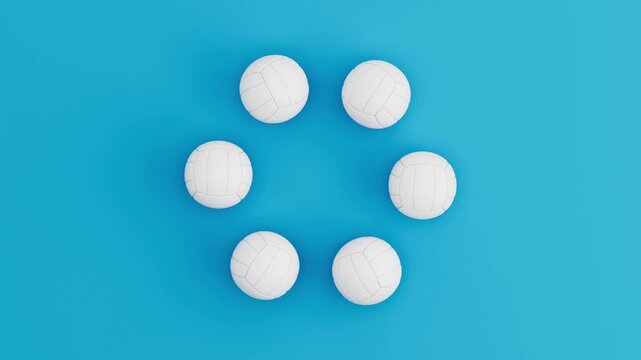 Six Generic Volleyball Balls Rolling in Circular Loop on Blue Background. Seamless 3D Render Animation.