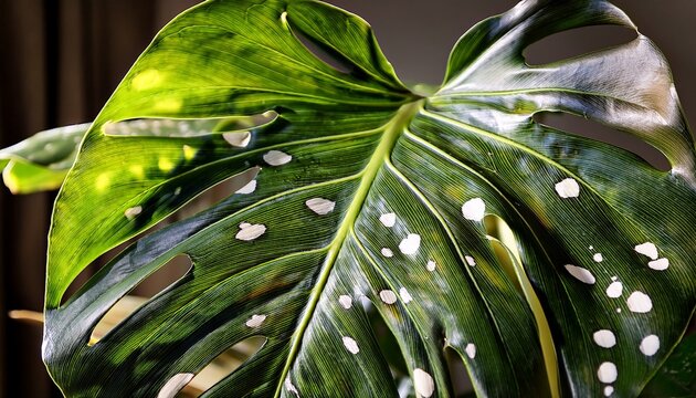 Leaf Of Tropical Monstera Deliciosa Variegata Houseplant With White Spots