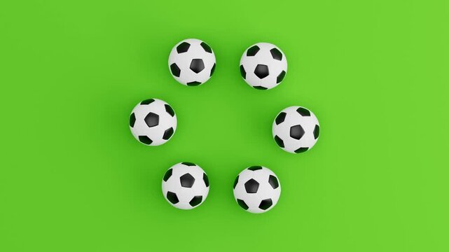 Six Soccer Balls Rolling in Circular Loop on Green Background. Seamless 3D Render Animation.