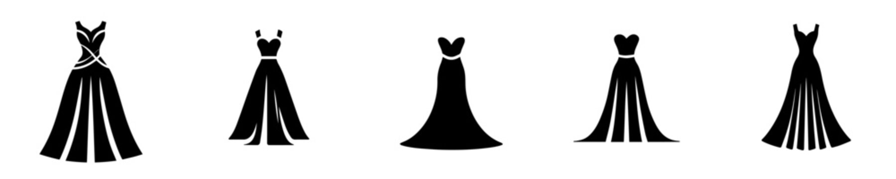 Wedding dress icon set. Vector evening gown silhouettes isolated on white background. Elegant bridal and prom dresses collection for luxury fashion design.