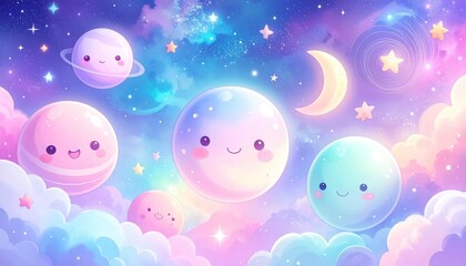Fototapeta premium Cute kawaii planets in a pastel galaxy space.